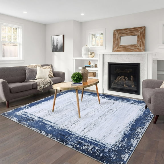 Garvee 10'x13' Machine Washable Rug Modern Border Abstract Rug Soft Foldable Rug Non-Shedding Stain-Resistant Rug Carpet, Navy Blue