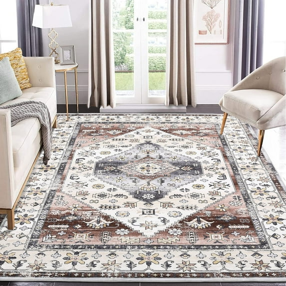 Garvee 10'x13' Washable Rug Vintage Persian Rug Floral Rug Non-Slip Oriental Distressed Throw Carpet for Dining Room Home Office, Dark Wine Red