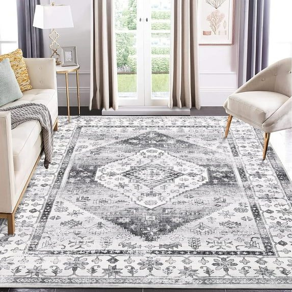 Garvee 10'x13' Washable Rug Vintage Persian Rug Floral Rug Non-Slip Oriental Distressed Throw Carpet for Dining Room Home Office, Gray