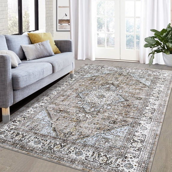 Garvee 10x13 Area Rug Large Vintage Distressed Rug Medallion Floral Print Rug Machine Washable Area Rugs for Living Room Bedroom Non-Slip Low Pile Accent Rug, Taupe