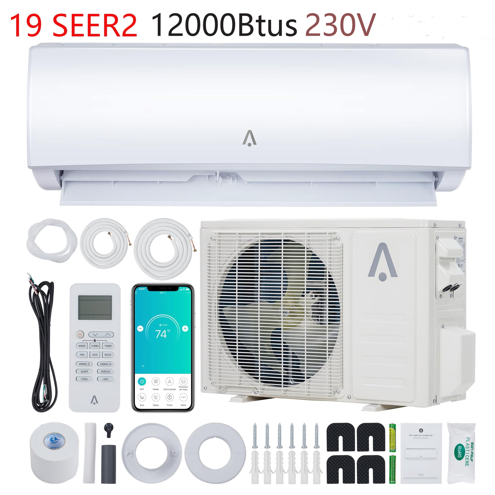 WhizMax 12000Btus Air Conditioner Ductless Mini Split Heat Pump 19 SEER2 AC 230V 1 Ton With Smart Control