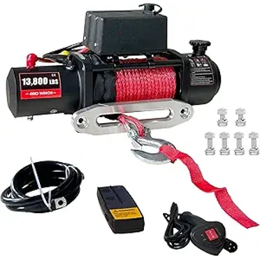 WhizMax 13800lbs 6.5hp Electric Winch,Waterproof IP67 85ft Red Synthetic Rope Truck Winch with Wireless Handheld Remote,12V Power Winch Winch for Towing UTV Off Road Vehicle
