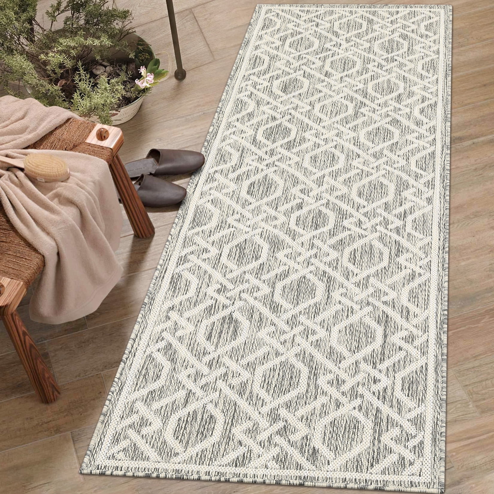 Garvee 2'3"x7'3" Long Runner Rug Indoor Outdoor Kitchen Hallway Runner Rug Contemporary Geometric Bedroom Rug Patio Rugs Runner, Gray