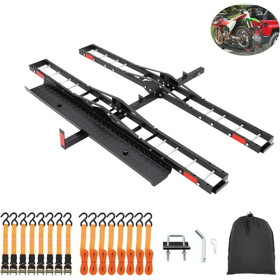 WhizMax 2 Motorcycle Carrier Hitch Mount,Steel Dirt Bike Hitch Hauler with Ramp,Ratchet Straps & Stabilizer,Motorcycle Carrier for E-Bikes,Mountain Bikes