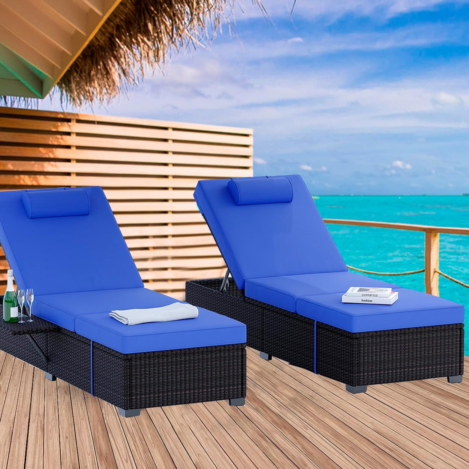 WhizMax 2 PCS Outdoor Chaise Lounge Chairs Patio Chaise Lounges Patio Brown Rattan Reclining Chair with Thicken Cushion and Adjustable Backrest Sunbathing Recliners for Outside Pool Patio Blue Walmart...