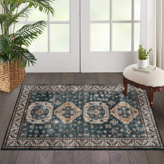 WhizMax 2' x 3' Blue Small Rug Vintage Persian Medallion Area Rug Non Slip Low Pile Kitchen Floor Mat for Laundry Room