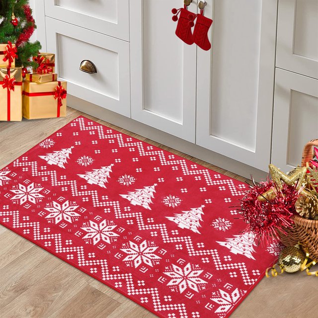 WhizMax 2' x 3' Christmas Small Rug Snowflake and Xmas Tree Pattern Mat