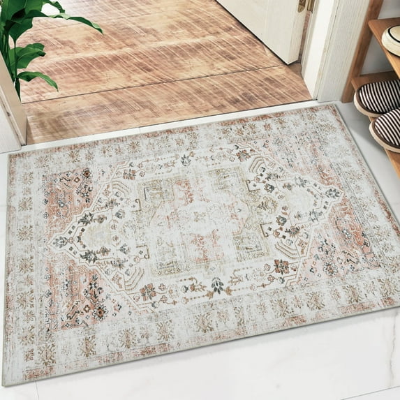 Garvee 2' x 3' Small Area Rug Indoor Washable Door Mat Taupe Floral Print Rug Vintage Floor Cover Foldable Thin Rug for Home Decor