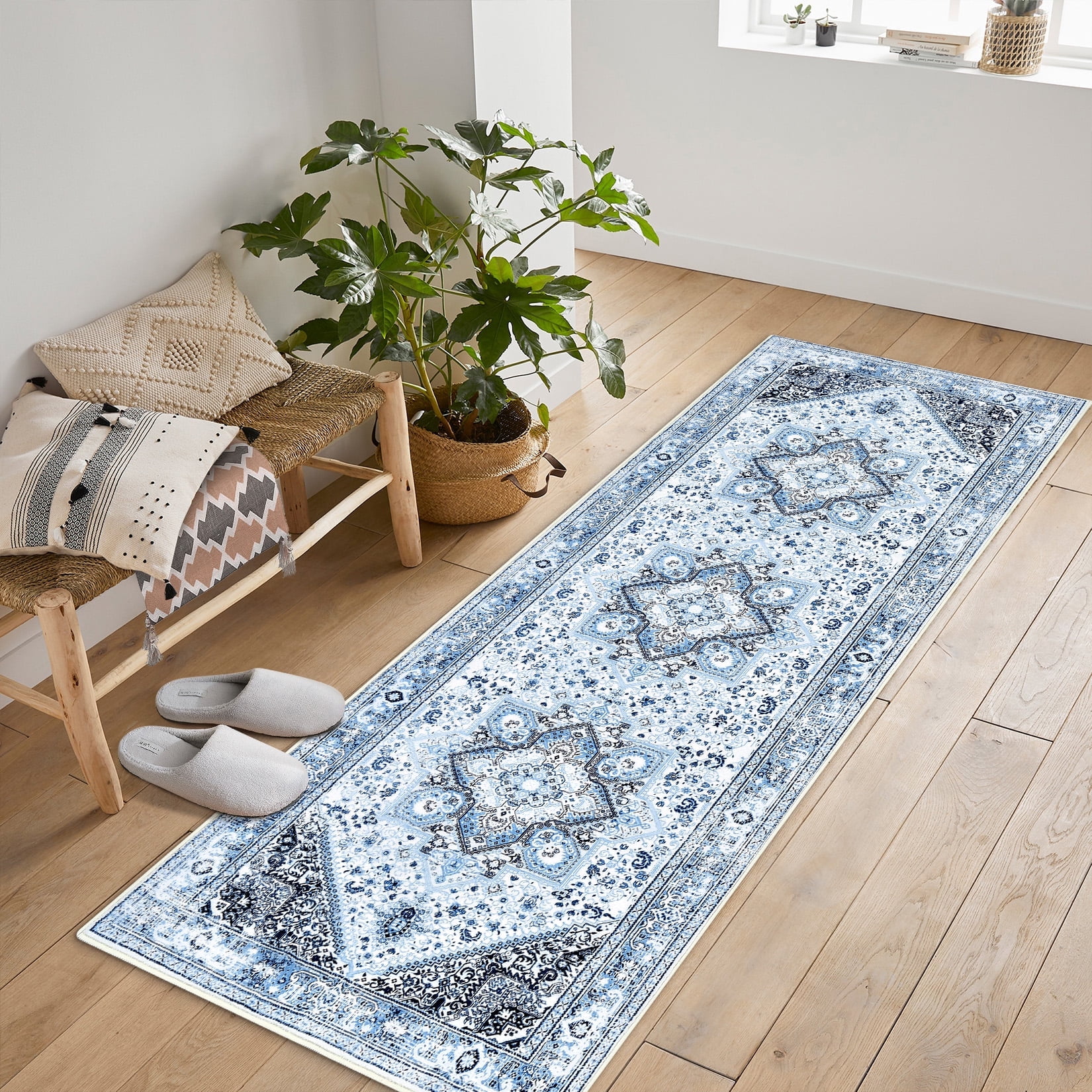 Blue Floral Bohemian Washable Low Pile Runner Rug