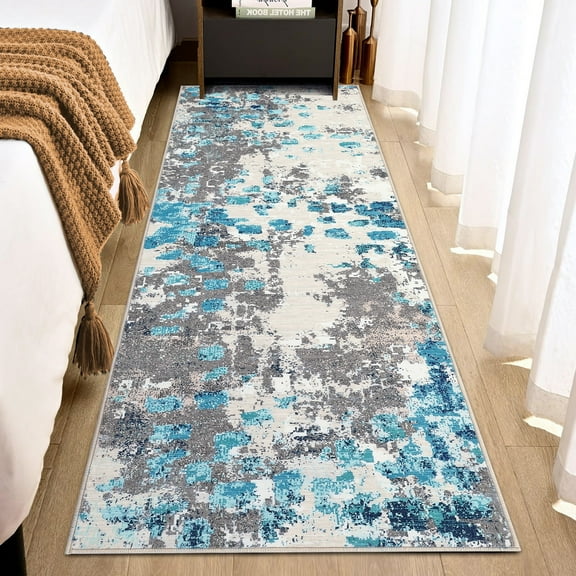 Garvee 2' x 6' Hallway Runner Rug Modern Abstract Colorful Rug Anti-Slip Non-Shedding Rug Runner Bedsides Carpet for Kitchen Laundry Room, Gray/Blue
