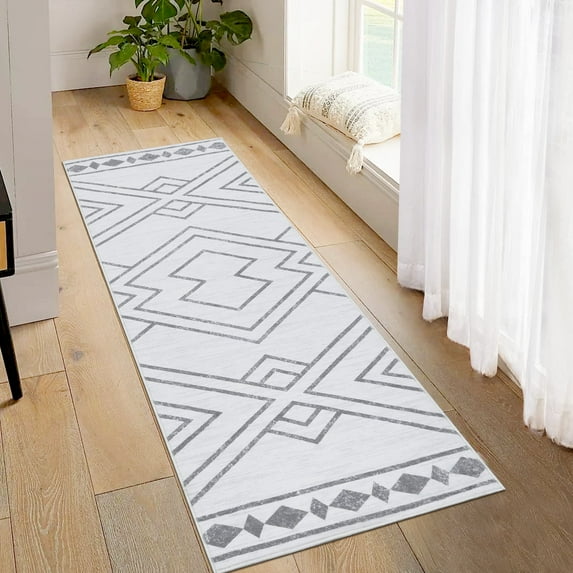 Garvee 2' x 6' Hallway Runner Rug Moroccan Modern Geometric Kitchen Mat Washable Bedside Rug Anti-Slip Indoor Carpet for Laundry Room, Gray