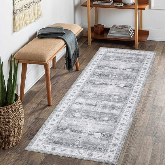 Garvee 2' x 6' Hallway Runner Rug Persian Distressed Kitchen Runner Rug Non-Slip Foldable Chenille Thin Rug for Laundry Room Home Office, Gray