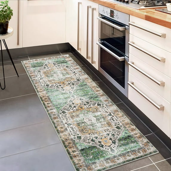 Garvee 2' x 6' Hallway Runner Rug Vintage Persian Rug Indoor Floral Pattern Distressed Carpet Bedsides Thin Rug Chenille Mat for Kitchen, Orange Green