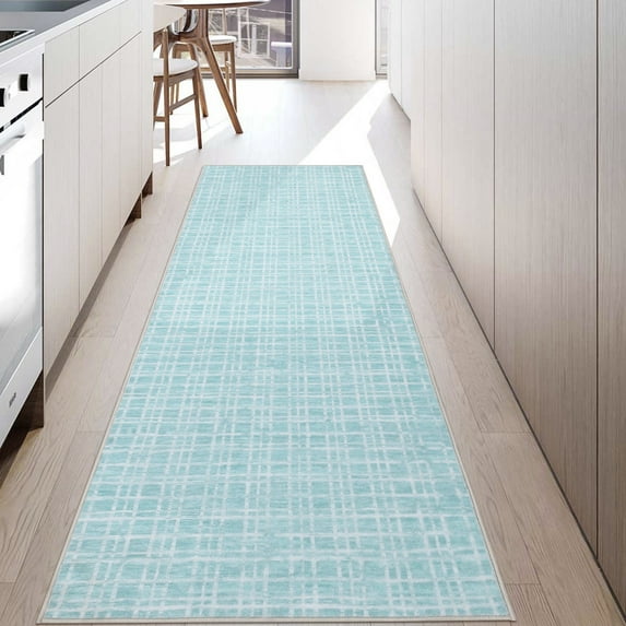 Garvee 2' x 6' Long Runner Rug Plaid Checkered Rug Farmhouse Washable Rugs Soft Rug Runner Bedsides Floor Mat for Laundry Room Hallway, Mint Green