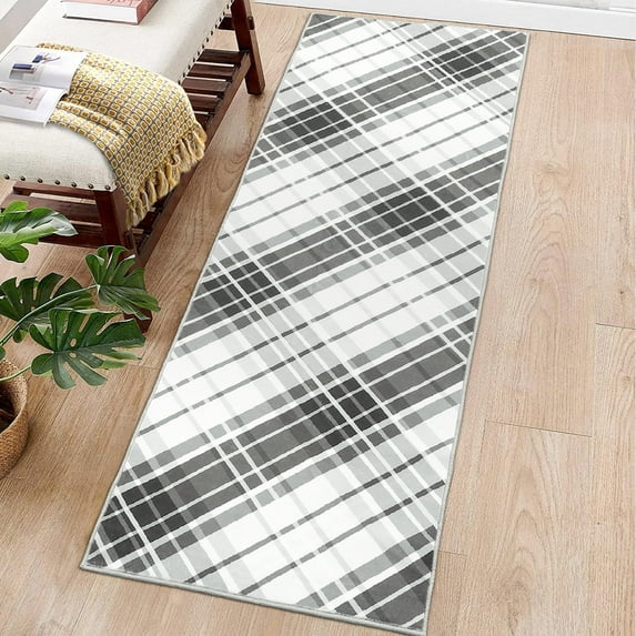 Garvee 2' x 6' Modern Plaid Runner Rug Kitchen Geometric Runner Rug Farmhouse Stripe Bedroom Rug Hallway Low Pile Non Slip Floor Mat, Black Gray