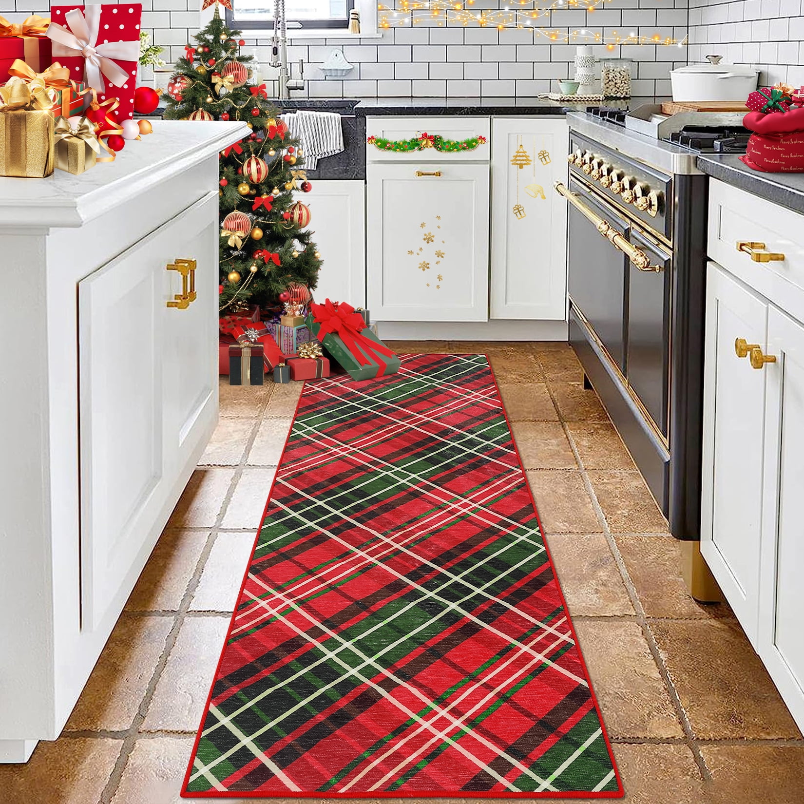 WhizMax 2' x 8' Christmas Hallway Runner Rug Red Green Plaid Decor Rug Christmas Runner Rugs
