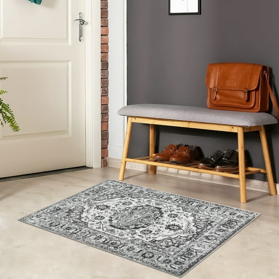 WhizMax 2'x3' Machine Washable Rug Vintage Persian Medallion Area Rug Low Pile Non-Slip Distressed Rugs for Kitchen Entryway, Gray