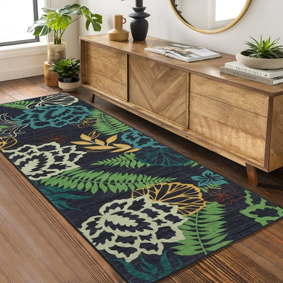 Garvee 2'x6' Floral Washable Runner Rug Boho Hallway Runners Soft Indoor Rug Runner Non Slip Non-Shedding Low Pile Foldable Long Rug for Laundry Kitchen, Gray Black