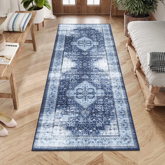 Garvee 2'x6' Long Runner Rug Vintage Distressed Print Runner Rug Washable Boho Non-Slip Bedroom Area Rugs for Laundry Room, Navy Blue