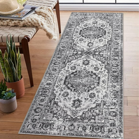 Garvee 2'x6' Long Runner Rug Vintage Persian Runners Floral Medallion Distressed Rugs Non-Slip Bedsides Runner Rug for Laundry Room, Gray