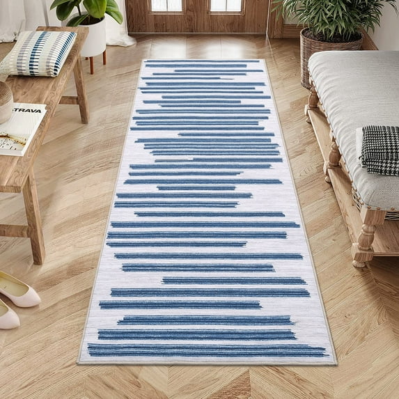 Garvee 2'x6' Modern Berber Stripe Runner Rug Indoor Non-Slip Low Pile Bedsides Rug Hallway Kitchen Runners for Laundry Room, Blue Beige