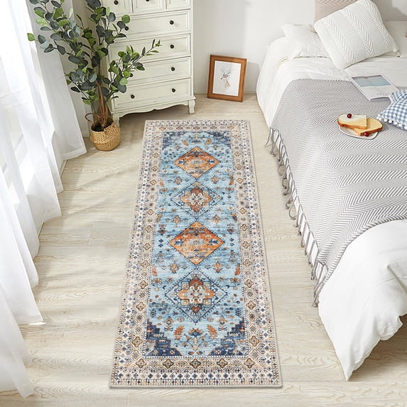 Garvee 2'x6' Runner Rug Vintage Distressed Hallway Rug Runners Boho Floral Print Indoor Bedroom Rug Soft Foldable Rug for Laundry Room, Yellow Blue