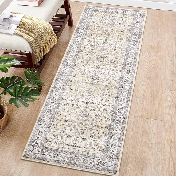 Garvee 2'x6' Vintage Persian Runner Rug Washable Boho Distressed Runner Rug Non-Slip Bedroom Rugs Soft Foldable Runners for Laundry Room, Light Yellow