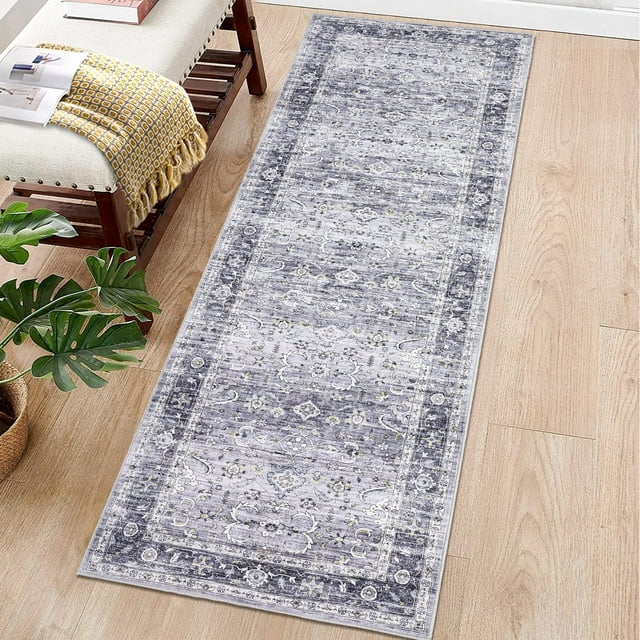 Garvee 2'x6' Vintage Persian Runner Rug Washable Boho Distressed Runner Rug Non-Slip Bedroom Rugs Soft Foldable Runners for Laundry Room, Blue Gray