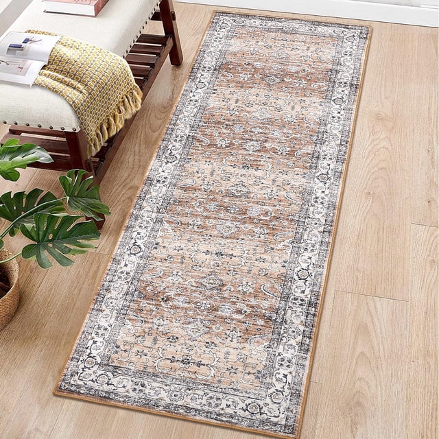 Garvee 2'x6' Vintage Persian Runner Rug Washable Boho Distressed Runner Rug Non-Slip Bedroom Rugs Soft Foldable Runners for Laundry Room, Rust Red