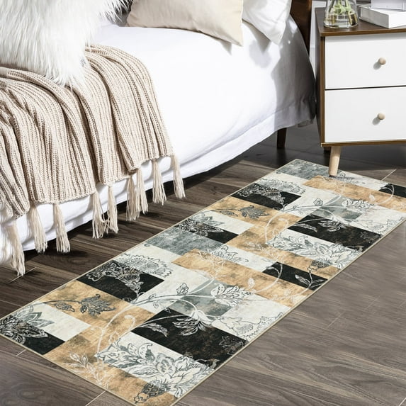 Garvee 2'x8' Long Runner Rugs Bathroom Rug Machine Washable Rugs Floral Rug Modern Non Slip Kitchen Rug for Laundry Room, Light Brown