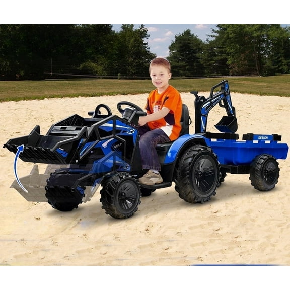Garvee 24V 3-in-1 Kids Ride on Tractor, Excavator & Bulldozer with Trailer, Electric Toys Car Vehicle, Shovel Bucket, Digger, Remote Control, EVA Tires, LED Lights, Music, Bluetooth, USB（Blue）