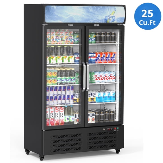 Garvee 25 Cu.ft Commercial Display Refrigerator with 2 Glass Door,Merchandiser Display Fridge with LED Light,Adjustable Shelves & Drink Organizers,Black
