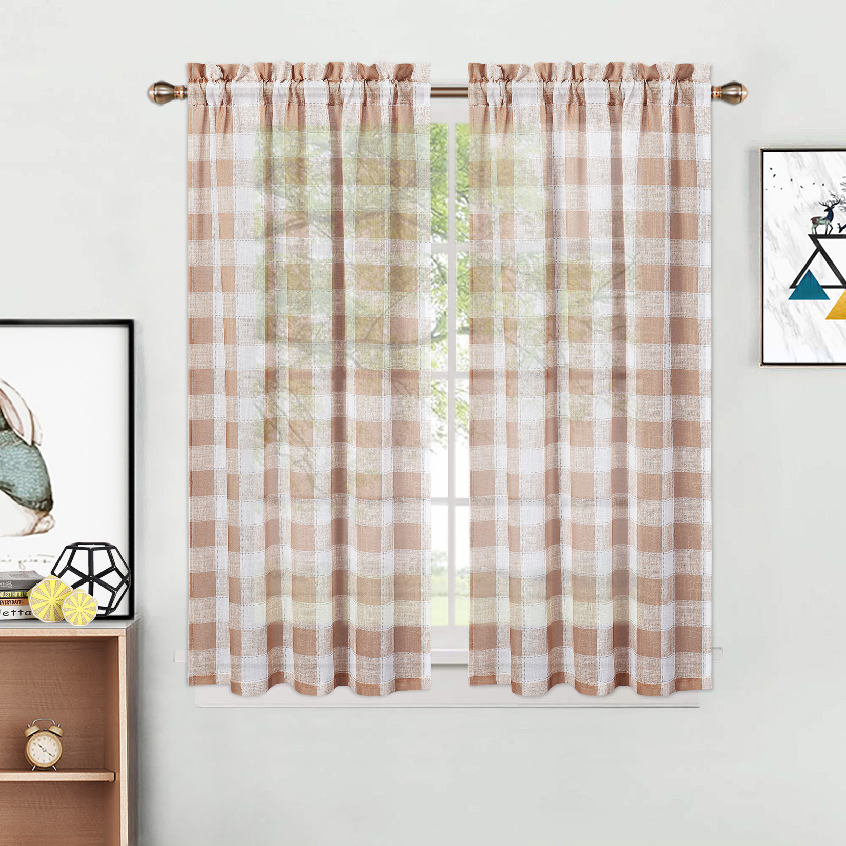 WhizMax 26"W x 45"L Buffalo Plaid Sheer Curtains Farmhouse Kitchen Cafe ...