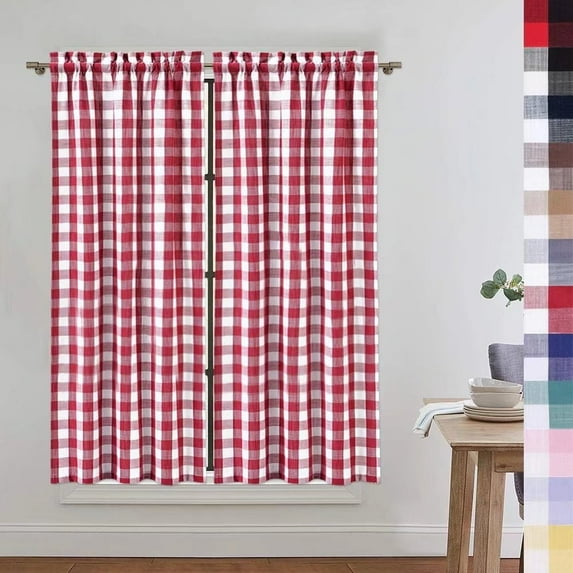 WhizMax 26"W x 45"L Kitchen Curtains Buffalo Plaid Checkered Cafe Curtains Light Filtering Bathroom Window Curtains, 2 Panels, Red White
