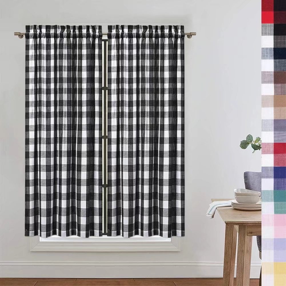 WhizMax 26" x 45" Buffalo Plaid Gingham Kitchen Curtains Black White