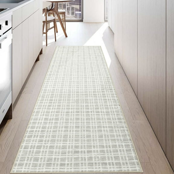 Garvee 2x6 Long Runner Rug Plaid Checkered Rug Farmhouse Washable Rugs Soft Rug Runner Bedsides Floor Mat for Laundry Room Hallway, Light Gray