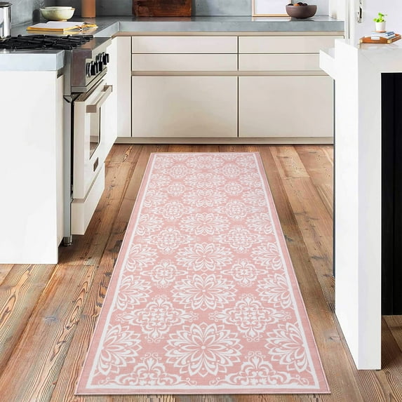 Garvee 2x6 Runner Rug Contemporary Floral Rug Non-Shedding Stain-Resistant Soft Bedsides Rug Runner Indoor Throw Rug for Laundry Room, Pink