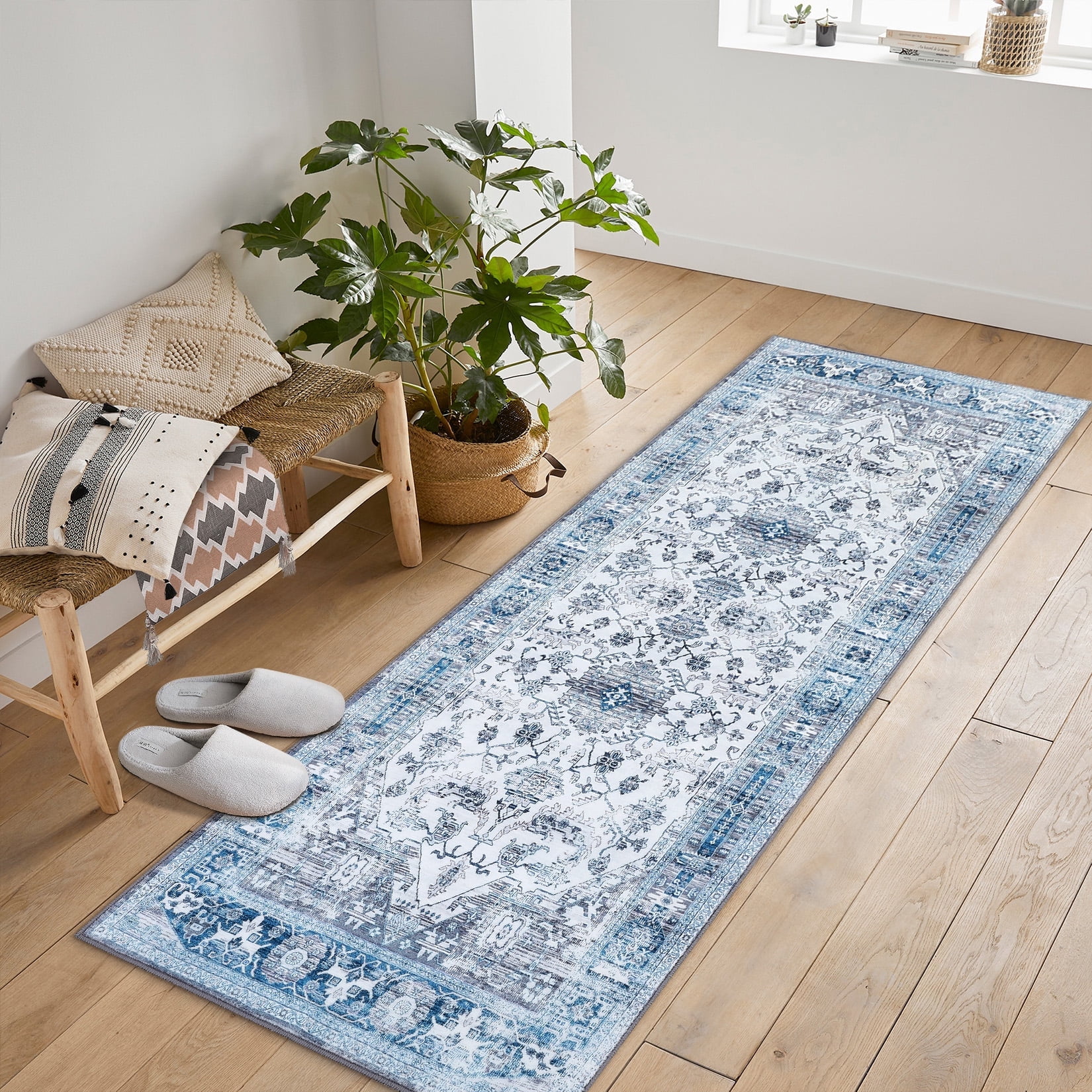 Blue Floral Bohemian Washable Low Pile Runner Rug