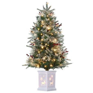 WhizMax 3 Ft Pre-Lit Christmas Tree, Artificial Christmas Trees with Lighting Elk Base, Snow Flocked Xmas Trees with 70 LED Lights, Battery Operated and Timer Function, Green