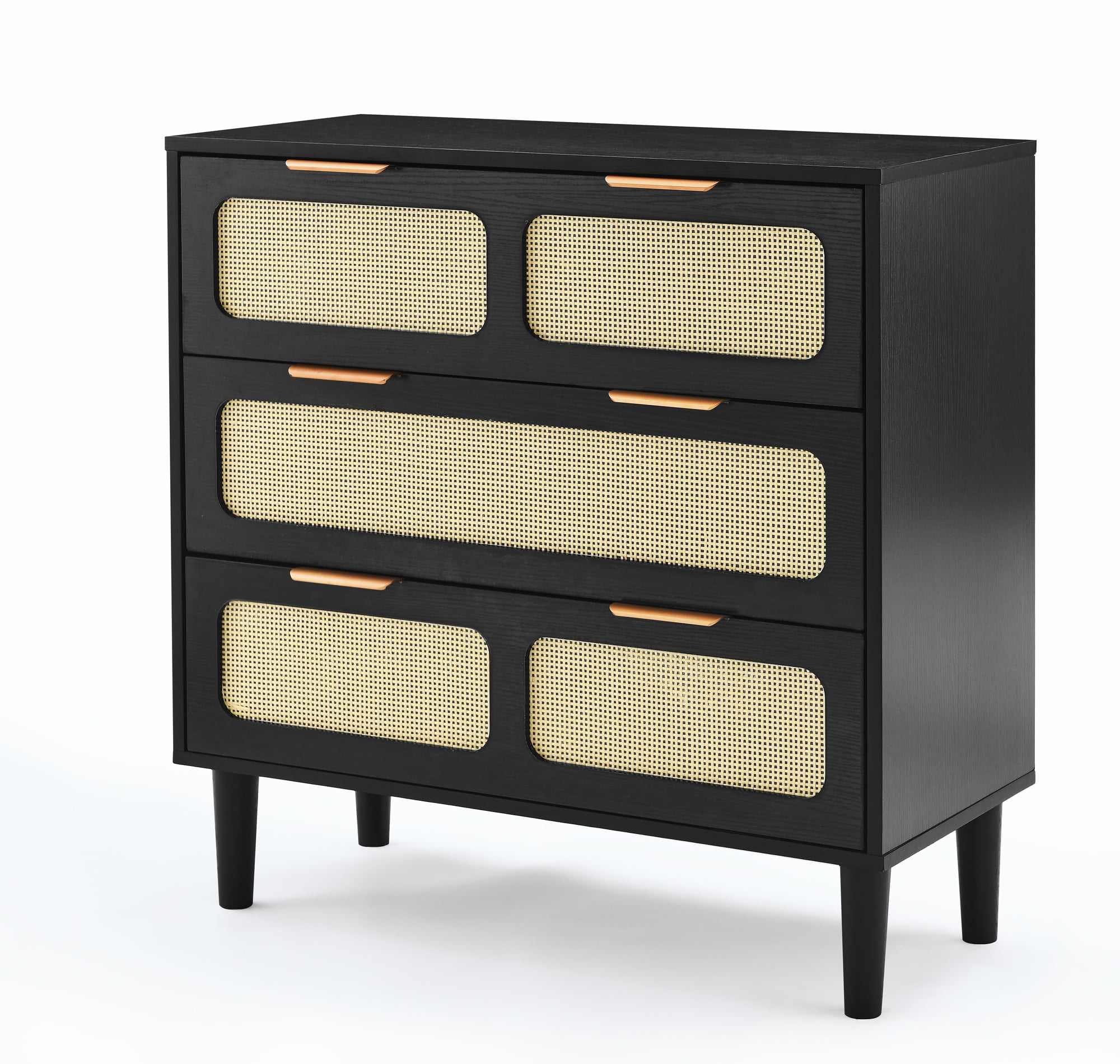 Black Solid Wood 3-Drawer Chest with Rattan Accents