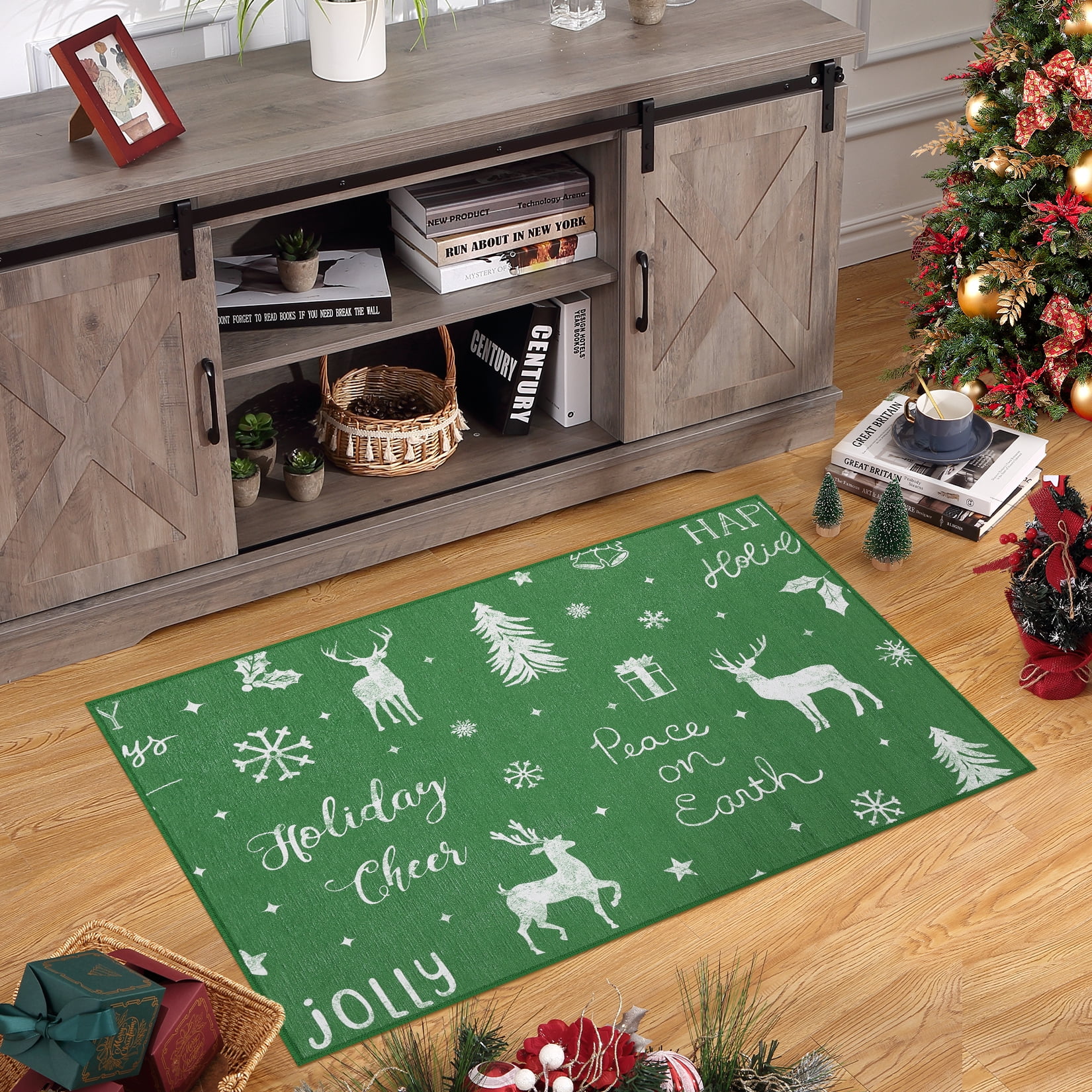 WhizMax 3' x 5' Green Area Rug Merry Christmas Snowflake Deer Area Rug