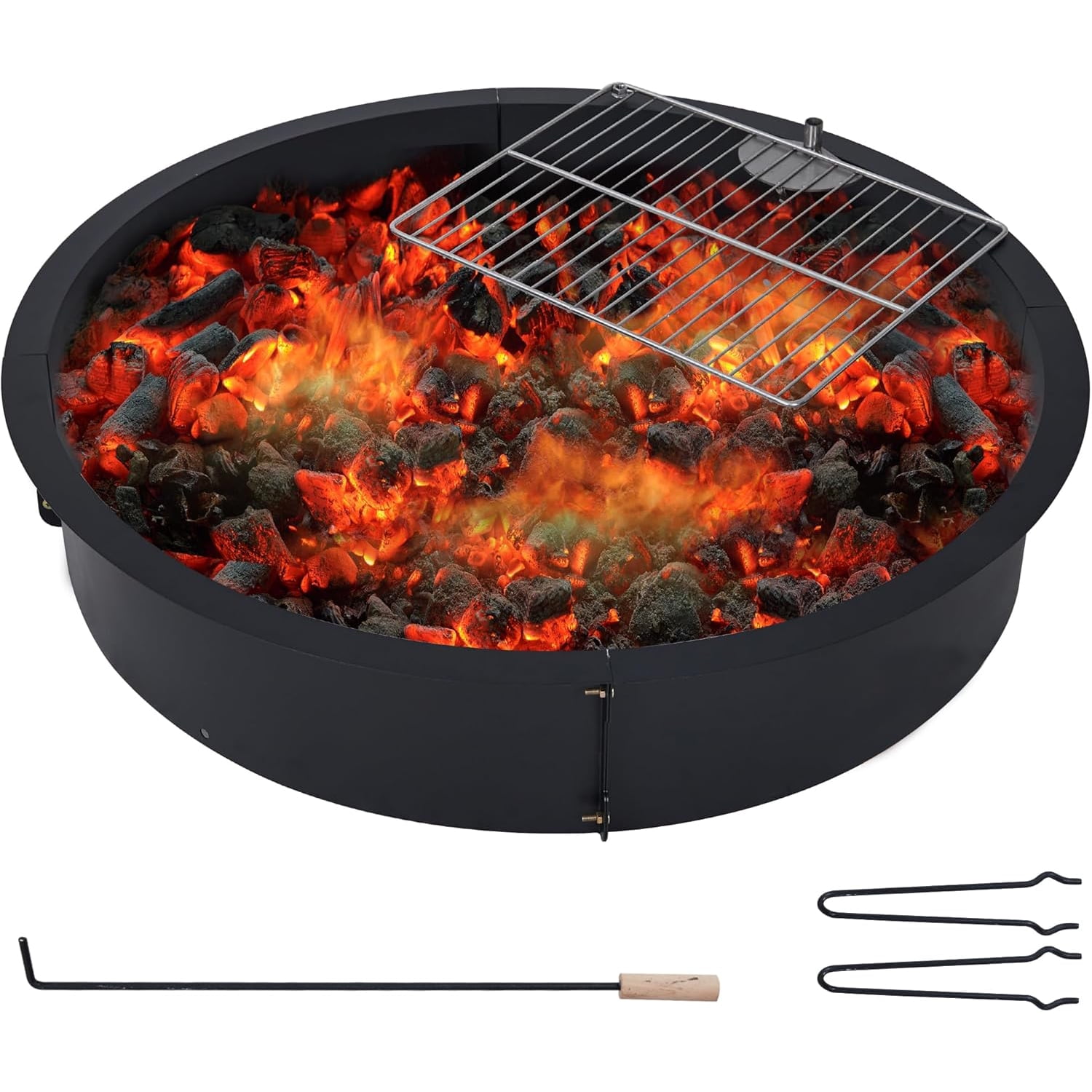WhizMax 35" Fire Pit Ring w/ Grill Grate,Outdoor Steel Firepit Liner DIY Wood Burning Insert for Camping Patio