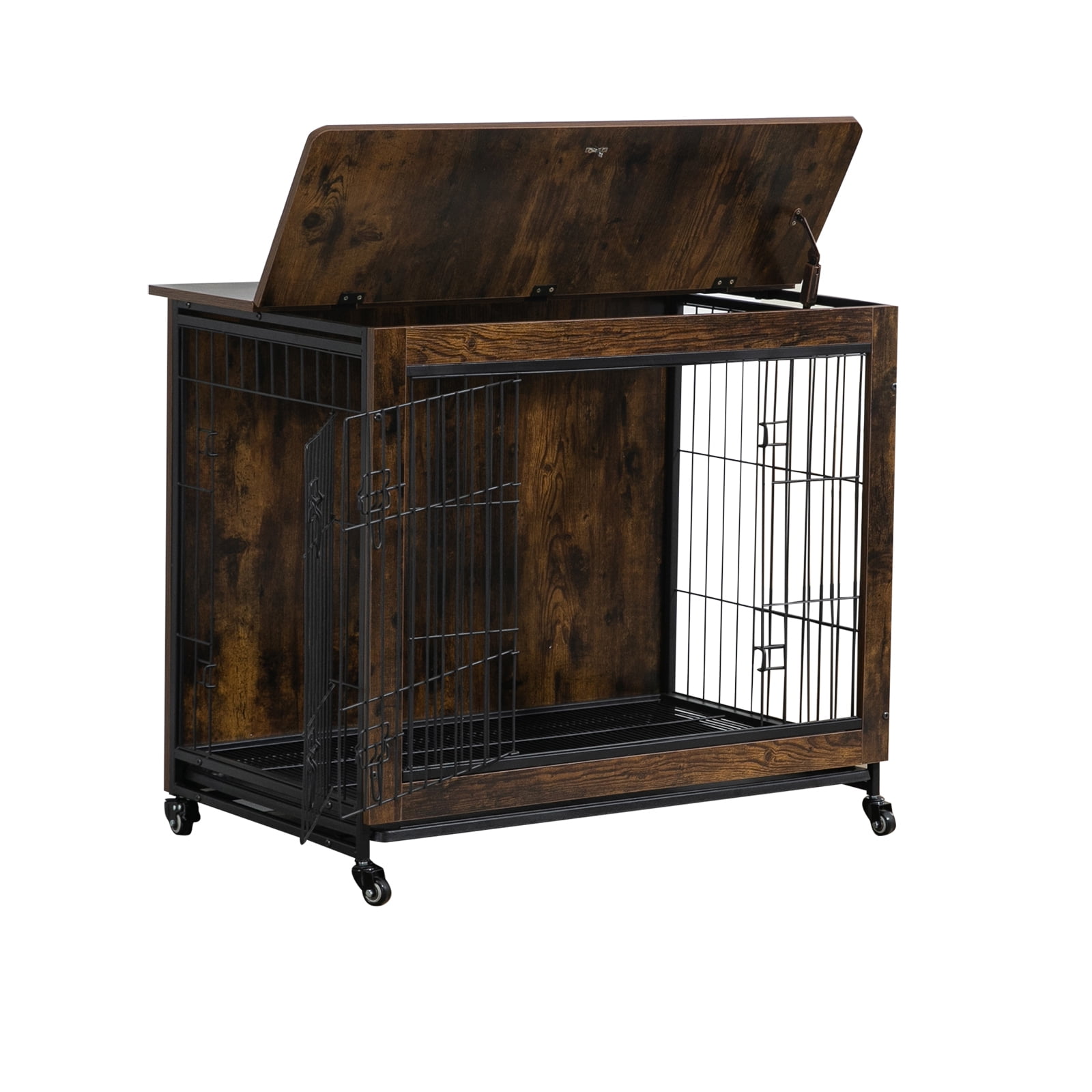 WhizMax 38 Inch Dog Crate Furniture Decorative Dog Kennel Wooden Dog Crate End Table Chew Proof Metal Mesh Dog Cage with Removable Tray Adjustable