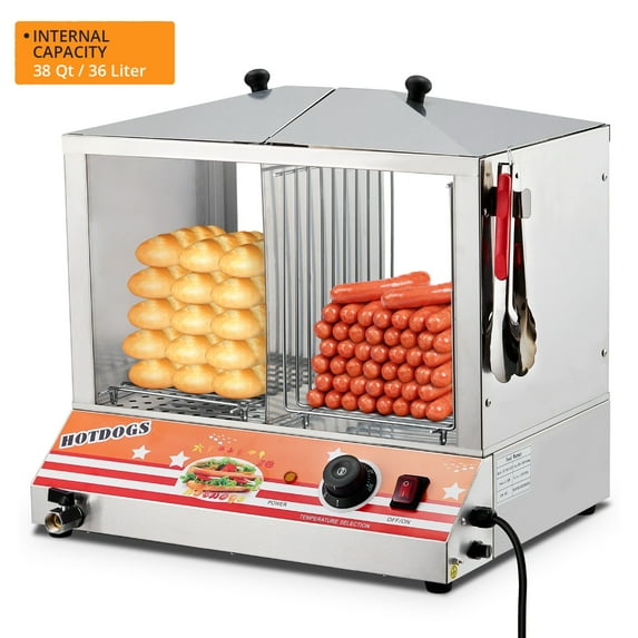 Garvee 38 QT Hot Dog Steamer with Bun Warmer,Adjustable Temperature,Glass Sliding Door,Steaming 100 Hot Dogs & 50 Buns