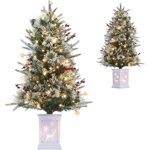 Garvee 3FT Mini Christmas Tree, Pre-Lit Artificial Tree with 78 Warm White Lights, Tabletop Christmas Tree with Pine Cones, Red Fruits, Fake Green Xmas Tree for Holiday Decor