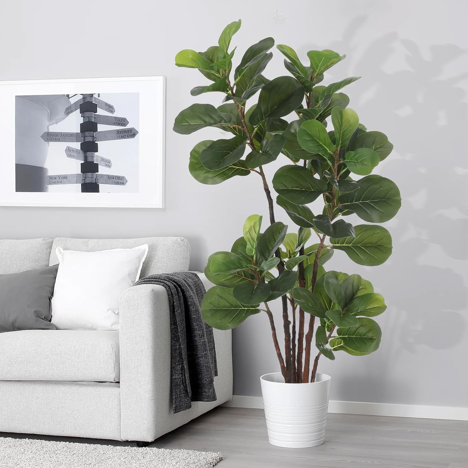 47 Inch Green Faux Fiddle Leaf Fig Tree in White Pot