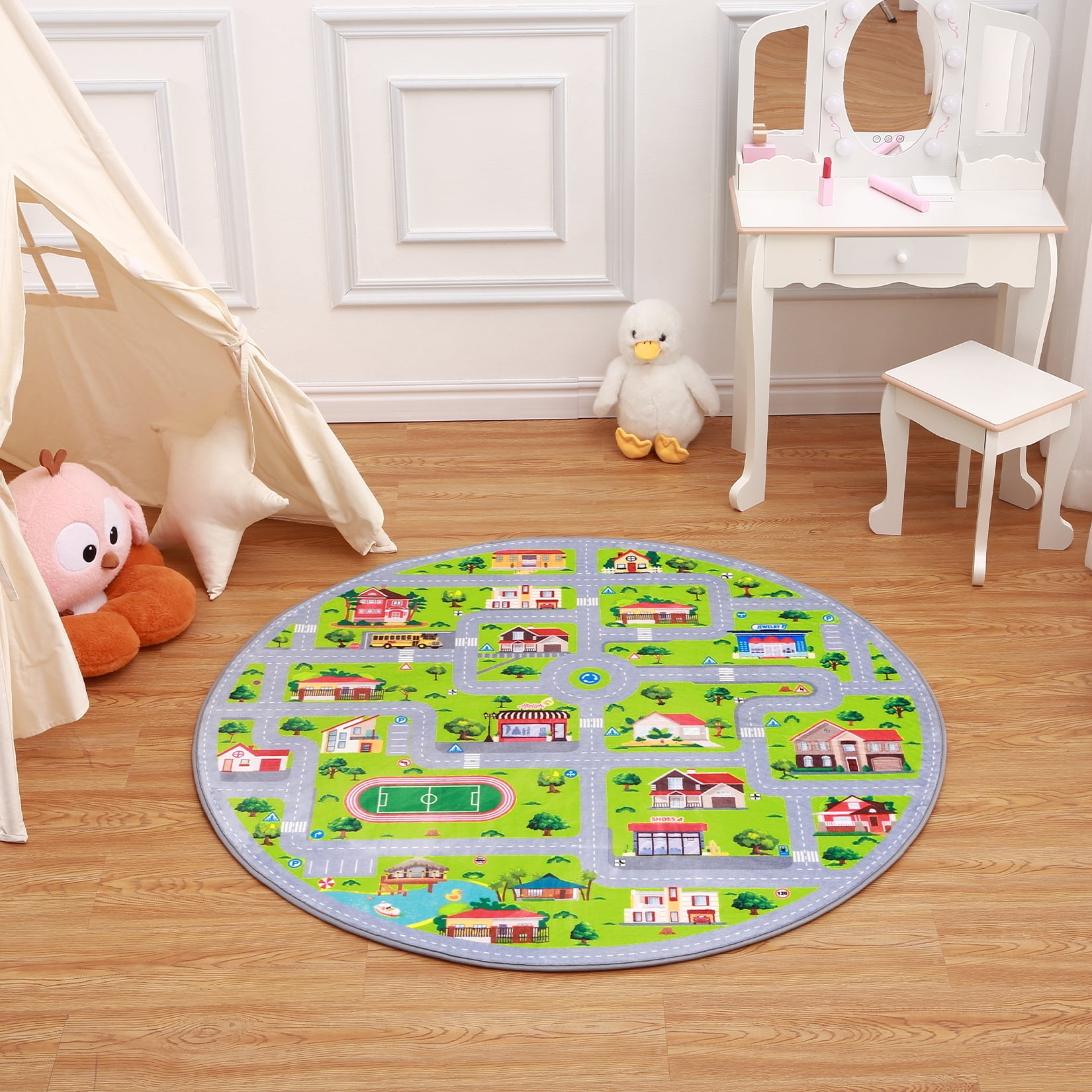 WhizMax 4' x 4' Round Road and Traffic Rug Non Slip Kids Playmat City