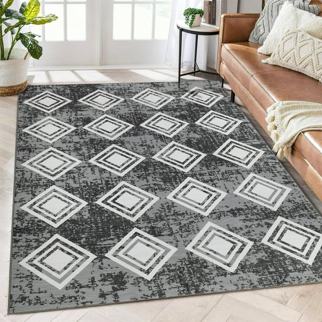 Garvee 4' x 6' Area Rug Contemporary Geometric Washable Rugs for Living Room Bedroom Non-Slip Non-Shedding Indoor Floor Carpet, Black Gray