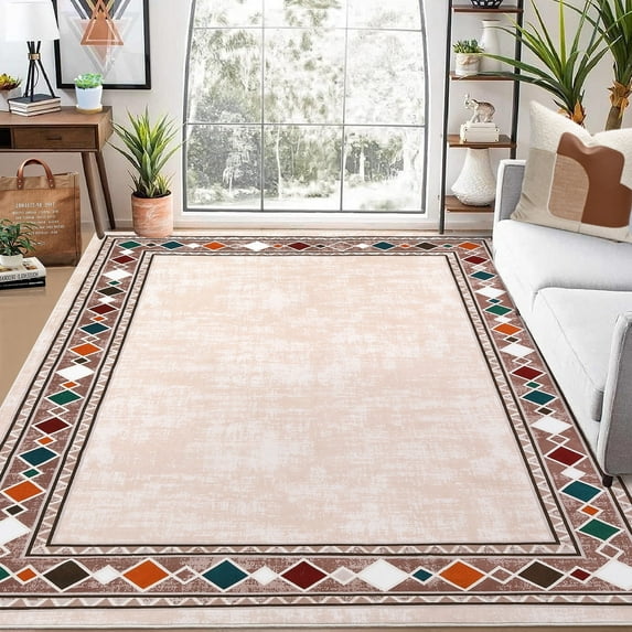 Garvee 4' x 6' Area Rug Modern Border Rug Geometric Border Rug Non-Slip Low Pile Accent Rug Indoor Floor Carpet for Dorm Playroom, Beige
