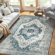 WhizMax 4' x 6' Area Rug Soft Oriental Distressed Print Rug for Living Room Bedroom Soft Foldable Thin Rug Non-Slip Non-Shedding Rug Home Decor, Gray/Blue